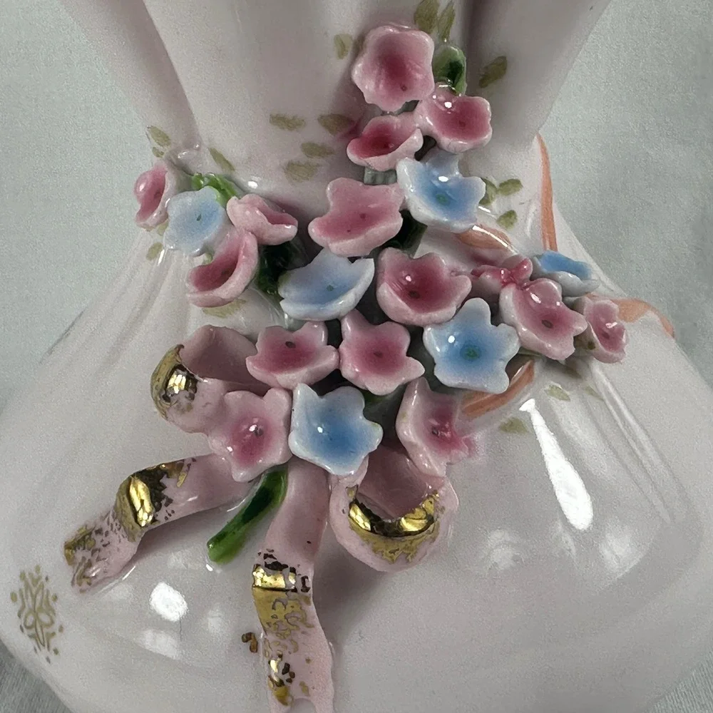 Vtg Lefton Pink Pouch Purse Vase Applied Flowers Forget-Me-Nots Gold Trim Mint